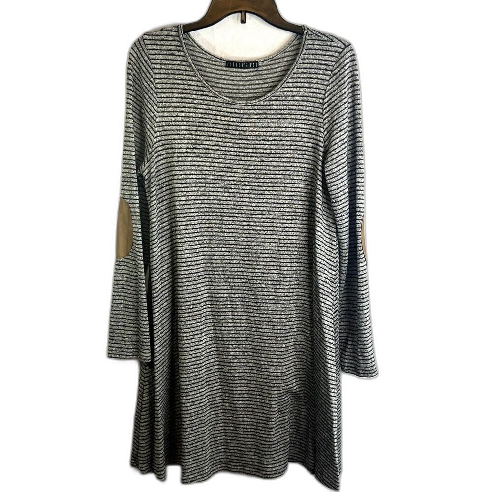 Potters Pot Black Gray Striped Long Sleeve‎ Elbow Patch Tshirt Dress Size Large